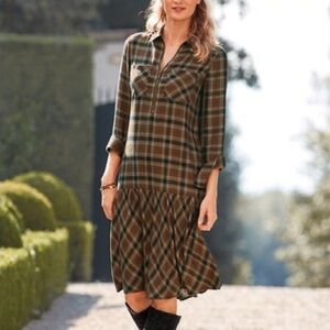Soft Surroundings Dorset drop waist flannel midi brown plaid dress size M